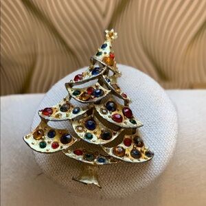 Vintage Gold Christmas Tree Brooch with Colorful Gems